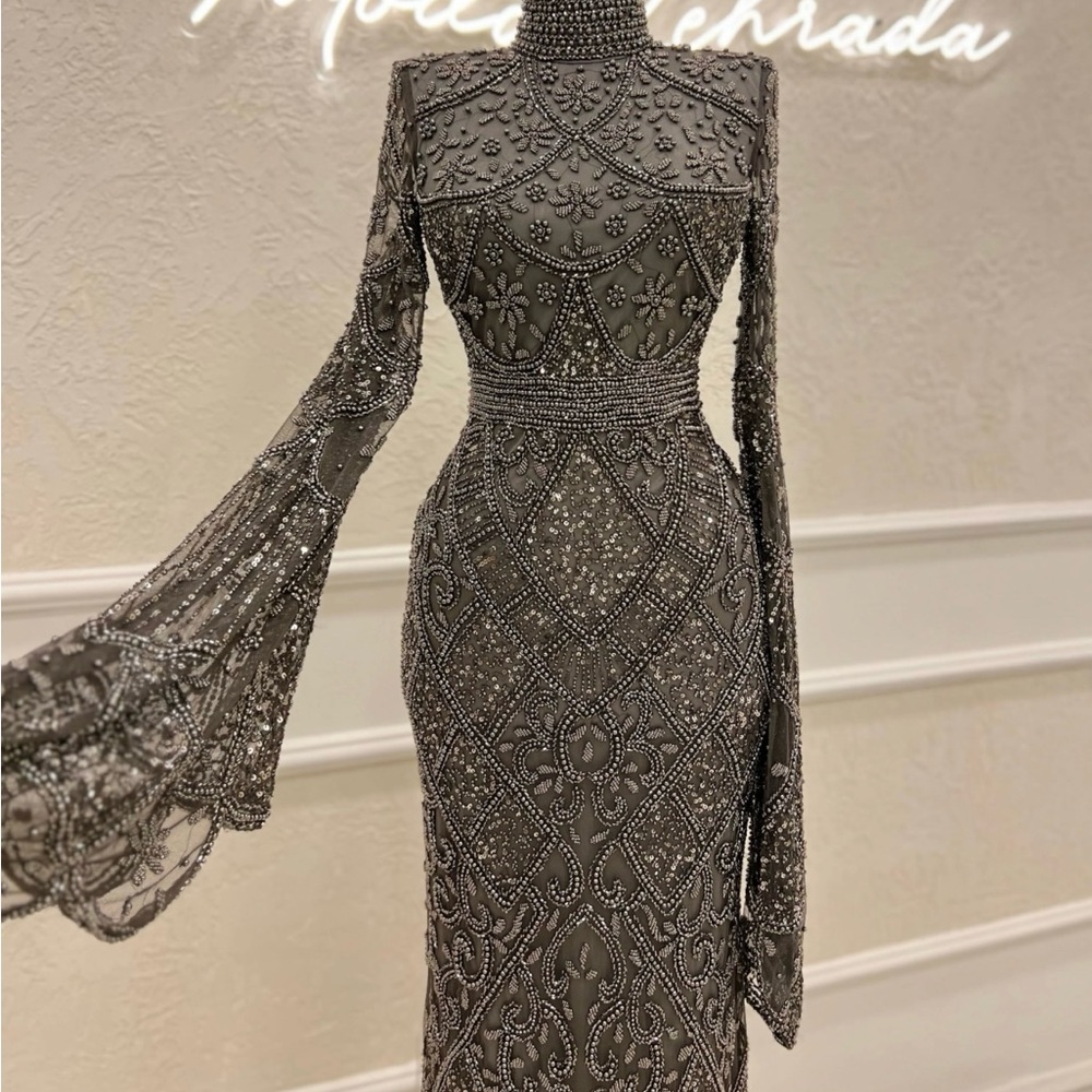 Modest Elegant Grey/ Silver Beaded Evening Dress/ Gown